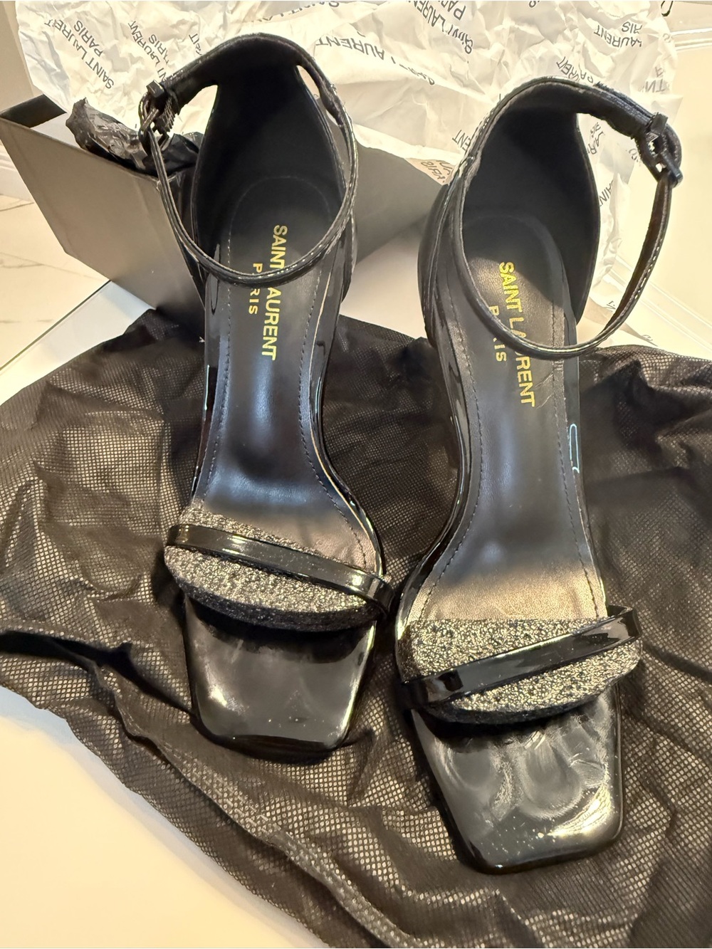 YSL Black Patent Ankle-Strap Heels with Glitter Toe Strap